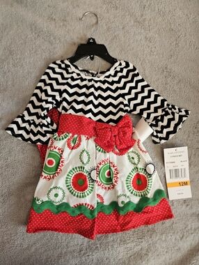 Rare Editions Black White Red Green Chevron Dress With Bloomers 12M